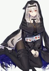 Rule 34 | 1girl, absurdres, arknights, boots, gladiia (arknights), grey hair, habit, hair between eyes, hat, hatotonaru, high heel boots, high heels, highres, jewelry, long sleeves, looking at viewer, necklace, nun, pantyhose, parted lips, pointy ears, red eyes, simple background, sitting, skadi (arknights), solo, specter (arknights), teeth, thigh boots, thighhighs, white background