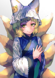 Rule 34 | 1girl, animal ear fluff, animal ears, animal hat, blonde hair, breasts, commentary request, dress, foul detective satori, fox ears, fox tail, grey background, hat, highres, looking at viewer, medium breasts, mob cap, multiple tails, own hands together, short hair, simple background, smile, solo, tabard, tail, touhou, upper body, white dress, yakumo ran, yawdeone, yellow eyes