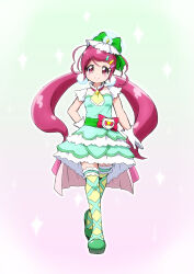 Rule 34 | 1girl, blush, bow, closed mouth, dot nose, dress, gloves, gradient background, green background, green bow, green dress, green footwear, green thighhighs, hair bow, hair ornament, hairclip, hand on own hip, highres, hugtto! precure, itommy, long hair, looking at viewer, low twintails, magical girl, multicolored background, nono kotori, pink background, pink bow, pink eyes, pink hair, precure, shoes, short dress, smile, solo, sparkle, straight-on, tachi-e, thighhighs, twintails, unofficial precure costume, waist bow, white gloves
