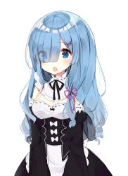 Rule 34 | 1girl, alternate hair length, alternate hairstyle, bad id, bad pixiv id, black dress, blue eyes, blue hair, blush, bow, breasts, cleavage, dress, eyes visible through hair, frills, hair over one eye, highres, maid, ongyageum, open mouth, simple background, solo, white background