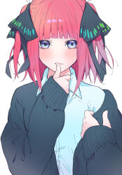 Rule 34 | 1girl, absurdres, blue cardigan, blue eyes, blue shirt, butterfly hair ornament, cardigan, closed mouth, collared shirt, finger to mouth, go-toubun no hanayome, hair ornament, highres, lips, long sleeves, looking at viewer, nakano nino, pink hair, shirt, simple background, solo, upper body, valentine (02140314c), white background