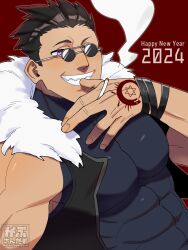 Rule 34 | 1boy, 2024, abs, artist name, bara, biceps, black hair, cigarette, compression shirt, fullmetal alchemist, gabu (gabu san dazo), glasses, greed (fma), happy new year, highres, jacket, looking at viewer, male focus, manly, mature male, muscular, muscular male, new year, pectorals, purple eyes, red background, shirt, short hair, signature, simple background, sleeveless, smirk, smoke, smoking, solo, spiked hair, teeth, tight clothes, upper body