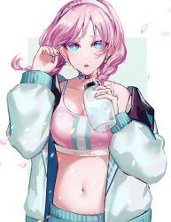 Rule 34 | 1girl, :o, absurdres, akqne, arknights, blue eyes, blue jacket, blue poison (arknights), blue poison (shoal beat) (arknights), blush, bottle, braid, breasts, bright pupils, choker, cleavage, collarbone, commentary, earrings, flower earrings, hairband, hand up, highres, holding, holding bottle, jacket, jewelry, long hair, long sleeves, looking at viewer, medium breasts, multicolored nails, nail polish, navel, off shoulder, official alternate costume, open clothes, open jacket, open mouth, parted bangs, petals, pink choker, pink hair, pink hairband, single bare shoulder, solo, sports bra, stomach, twin braids, two-tone background, upper body