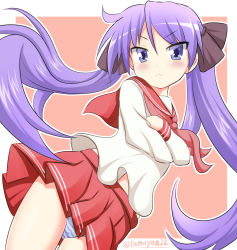 Rule 34 | 1girl, blue eyes, blush, bow, cowboy shot, crossed arms, dutch angle, from below, hair bow, highres, hiiragi kagami, long hair, looking at viewer, lucky star, midriff peek, outside border, panties, pantyshot, pleated skirt, purple hair, red skirt, sailor collar, school uniform, serafuku, skirt, solo, standing, striped clothes, striped panties, tamayan, twintails, twintails day, underwear, very long hair