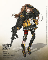 Rule 34 | 1girl, ankle strap, baggy clothes, black bow, black bra, black gloves, black nails, black pantyhose, black skirt, blush, boots, bow, bra, breasts, brown eyes, brown hair, character name, cross-laced footwear, fingerless gloves, floating hair, full body, girls&#039; frontline, gloves, goggles, goggles on head, grin, gun, h&amp;k ump, hair between eyes, hair bow, hair ornament, hairclip, heckler &amp; koch, highres, holding, holding gun, holding weapon, infukun, jacket, knee pads, lace-up boots, long hair, looking at viewer, mod3 (girls&#039; frontline), nail polish, official art, pantyhose, partially unbuttoned, pouch, ribbon, scar, scar across eye, scar on face, shirt, sidelocks, single knee pad, single leg pantyhose, skirt, smile, sports bra, standing, submachine gun, suppressor, thigh strap, trigger discipline, twintails, ump9 (girls&#039; frontline), ump9 (mod3) (girls&#039; frontline), underwear, walkie-talkie, weapon, white shirt