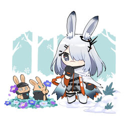 Rule 34 | 1girl, 2others, animal ear fluff, animal ears, aqua background, arknights, belt, black belt, black gloves, blue flower, boots, border, breasts, chibi, cloak, commentary, dress, english commentary, field, flower, flower field, frostnova (arknights), full body, gloves, grey cloak, grey dress, grey eyes, hair ornament, hair over one eye, hand up, highres, medium breasts, multiple belts, multiple others, outdoors, purple flower, rabbit ears, rabbit girl, scar, scar on face, scar on nose, simple background, snow, soppos, torn cloak, torn clothes, tree, white background, white cloak, white footwear, white hair