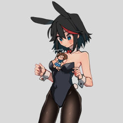 Rule 34 | 1girl, 320 (romsen), animal ears, bad id, bad pixiv id, between breasts, black hair, black leotard, blue eyes, blush, bow, bowtie, breasts, character doll, closed mouth, commentary, covered navel, cowboy shot, detached collar, fake animal ears, fake tail, frown, gluteal fold, grey background, kill la kill, leotard, looking at another, looking down, mankanshoku mako, matoi ryuuko, multicolored hair, pantyhose, playboy bunny, rabbit ears, rabbit tail, red bow, red bowtie, red hair, short hair, simple background, solo, standing, strapless, strapless leotard, streaked hair, sweatdrop, symbol-only commentary, tail, thighs, twitter username, two-tone hair, wrist cuffs