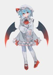 Rule 34 | 1girl, adapted costume, bat wings, black wings, blue hair, blush, chicachang, closed mouth, detached wings, dress, frilled dress, frilled shirt collar, frills, full body, hair between eyes, hat, head tilt, highres, long sleeves, looking at viewer, mary janes, mob cap, no nose, pantyhose, puffy long sleeves, puffy sleeves, red eyes, red footwear, remilia scarlet, shoes, short hair, simple background, solo, standing, touhou, white background, white dress, white hat, white pantyhose, wings