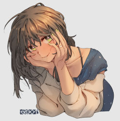 Rule 34 | 1girl, blue dress, blush, brown hair, commentary request, dress, ergot, fubuki (kancolle), green eyes, green nails, grey background, grey jacket, hair between eyes, hands on own cheeks, hands on own face, jacket, jewelry, kantai collection, long sleeves, looking at viewer, messy hair, nail polish, off shoulder, official alternate costume, open clothes, open jacket, ring, signature, simple background, solo, upper body, wedding ring