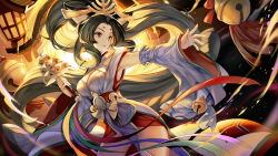 Rule 34 | 1girl, absurdly long hair, animal ears, arena of valor, bell, black eyes, black hair, breasts, cleavage, commentary request, contrapposto, cowboy shot, detached sleeves, facial mark, forehead mark, holding, jingle bell, lantern, large breasts, long hair, long sleeves, original, outstretched arms, parted lips, ponytail, sash, sibyl, solo, spread arms, standing, very long hair, wide sleeves