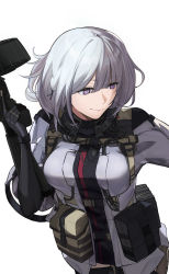 Rule 34 | 1girl, absurdres, bad id, bad pixiv id, black bodysuit, bodysuit, breasts, girls&#039; frontline, gun, highres, holding, holding weapon, la13, large breasts, light machine gun, purple eyes, rpk-16, rpk-16 (girls&#039; frontline), short hair, short sleeves, silver hair, simple background, smile, solo, tactical clothes, upper body, weapon, white background