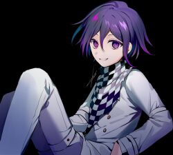 Rule 34 | 1boy, black background, buttons, checkered clothes, checkered scarf, danganronpa (series), danganronpa v3: killing harmony, double-breasted, grey jacket, grey pants, grin, highres, huyuharu0214, jacket, knees up, male focus, oma kokichi, pants, purple eyes, purple hair, scarf, short hair, signature, simple background, sitting, smile, teeth
