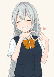 Rule 34 | 1girl, absurdres, beige background, blue skirt, blue vest, bow, bowtie, braid, closed eyes, commentary, facing viewer, grey hair, grin, hands up, heart, heart hands, highres, kizuna akari, long hair, minatsuki (m1natsuk1), orange bow, orange bowtie, shirt, short sleeves, skirt, smile, solo, symbol-only commentary, twin braids, upper body, very long hair, vest, voiceroid, white shirt