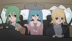 Rule 34 | 3girls, :o, aqua eyes, aqua hair, black jacket, blonde hair, blue eyes, bow, brown jacket, car interior, commentary, driving, expressionless, green eyes, green hair, grey sweater, gumi, hair bow, hatsune miku, holding, holding phone, jacket, kagamine rin, long hair, looking at phone, mirror, multiple girls, open mouth, phone, pink jacket, seatbelt, short hair, sitting, sparkling eyes, steering wheel, sweater, symbol-only commentary, turtleneck, turtleneck sweater, twintails, vocaloid, white bow, wounds404