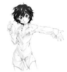 Rule 34 | 1girl, :o, breasts, female focus, funnyari, marnie (meitantei marnie), meitantei marnie, messy hair, monochrome, naked shirt, nipples, oversized clothes, see-through, shirt, short hair, sleeves past wrists, small breasts, solo
