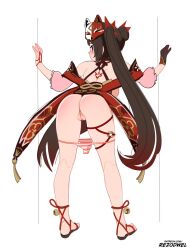 Rule 34 | 1girl, ass, bell, bent over, black gloves, black hair, blush, cleft of venus, fox mask, from behind, full body, gloves, highres, honkai: star rail, honkai (series), jingle bell, long hair, looking at viewer, mask, mask on head, panties, panty pull, pussy, rezodwel, single glove, solo, sparkle (honkai: star rail), standing, striped clothes, striped panties, twintails, uncensored, underwear, very long hair