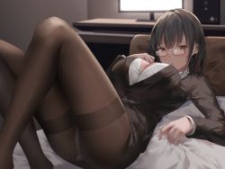 Rule 34 | 1girl, :o, absurdres, ass, bed, black hair, black jacket, blush, breasts, brown eyes, brown pantyhose, cleavage, computer, desk, formal, glasses, highres, indoors, jacket, knees up, large breasts, long sleeves, looking at viewer, lying, monitor, non-web source, office lady, on back, on bed, open mouth, original, panties, panties under pantyhose, pantyhose, pencil skirt, shirt, skirt, skirt suit, solo, suit, suzuame yatsumi, thighband pantyhose, underwear, white panties, white shirt