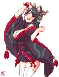 Rule 34 | 1girl, alternate costume, animal ears, azur lane, black hair, black kimono, blush, breasts, butterfly hair ornament, cat ears, cleavage, cosplay, cowboy shot, crossover, dated, fusou (azur lane), fusou (azur lane) (cosplay), fusou (kancolle), hair ornament, highres, historical name connection, japanese clothes, kanon (kurogane knights), kantai collection, kimono, large breasts, logo, long hair, looking at viewer, name connection, open mouth, red eyes, simple background, smile, solo, thighhighs, white background, white thighhighs