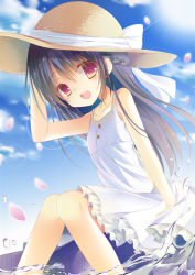 Rule 34 | 1girl, :d, arm support, bad id, bad pixiv id, bare arms, bare shoulders, black hair, blue sky, blush, bow, braid, cherry blossoms, cloud, commentary request, day, dress, dutch angle, frilled dress, frills, hair between eyes, hand on headwear, hat, hat bow, hat ribbon, knees together feet apart, long hair, looking at viewer, open mouth, original, outdoors, petals, red eyes, ribbon, shiiba nae, sidelocks, sitting, sky, smile, soaking feet, solo, straw hat, sundress, sunlight, tareme, water, white bow, white dress, white ribbon