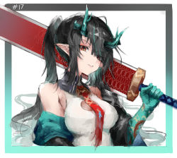 Rule 34 | 1girl, absurdres, alternate hairstyle, arknights, bare shoulders, black hair, border, breasts, coat, commentary request, dress, dusk (arknights), highres, holding, holding sword, holding weapon, horns, long hair, looking at viewer, medium breasts, off shoulder, open clothes, open coat, orange eyes, over shoulder, parted lips, pointy ears, sleeveless, sleeveless dress, solo, sword, twintails, weapon, weapon over shoulder, white background, white dress, yuukiey