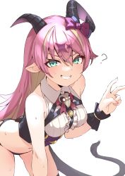 1girl absurdres black_panties clenched_teeth green_eyes hair_between_eyes hand_up highres hololive horns long_hair looking_at_viewer mano_aloe panties pink_hair shirt simple_background sleeveless sleeveless_shirt solo tail teeth thighs underwear valefal_coneri virtual_youtuber white_background white_shirt