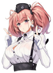 Rule 34 | 1girl, anchor hair ornament, atlanta (kancolle), black headwear, breasts, brown hair, dress shirt, earrings, garrison cap, grey eyes, hair ornament, hat, index fingers raised, jewelry, kantai collection, kyogoku shin, large breasts, long hair, long sleeves, shirt, star (symbol), star earrings, two side up, upper body, white background, white shirt