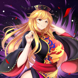 Rule 34 | 1girl, arm up, belt, black background, black dress, black hat, blonde hair, bow, bowtie, breasts, closed mouth, commentary request, crescent, dress, energy, fingernails, floating hair, hand up, hands up, hat, junko (touhou), large breasts, long fingernails, long hair, long sleeves, looking at viewer, messy hair, nail polish, night, night sky, orange eyes, petals, phoenix crown, pom pom (clothes), purple background, red belt, red eyes, red nails, sky, smile, solo, standing, star (sky), starry sky, tabard, tareme, touhou, wide sleeves, yellow bow, yellow bowtie, yui (pfyt3782)