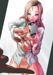 Rule 34 | 1girl, :p, absurdres, bad id, bad pixiv id, blade &amp; soul, blonde hair, blue eyes, breasts, cellphone, commentary request, forest, highres, long hair, looking at viewer, mature female, medium breasts, meme, naked shirt, nature, navel, one finger selfie challenge (meme), phone, rantia, selfie, shirt, smartphone, tongue, tongue out