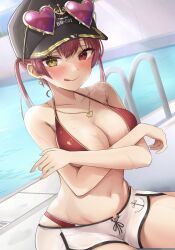 Rule 34 | absurdres, baseball cap, bikini, black hat, blurry, blurry background, blush, breasts, cleavage, collarbone, commentary request, cowboy shot, crossed arms, earrings, eyewear on head, hat, heart, heart-shaped eyewear, heart earrings, heart pendant, highres, hololive, houshou marine, houshou marine (summer), jewelry, large breasts, long hair, looking at viewer, mt mozuku, navel, official alternate costume, pink-tinted eyewear, pool, red bikini, red eyes, red hair, shorts, sunglasses, swimsuit, tinted eyewear, tongue, tongue out, virtual youtuber, white shorts, yellow eyes