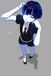 Rule 34 | 1other, alternate hair length, alternate hairstyle, androgynous, bad id, bad twitter id, blue eyes, blue hair, blunt bangs, colored eyelashes, colored skin, crystal hair, from above, gem uniform (houseki no kuni), grey background, highres, houseki no kuni, lapis lazuli (houseki no kuni), looking at viewer, necktie, short hair, signature, smile, solo, sparkle, spoilers, white skin
