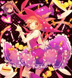 1girl, ;d, bangs, blush, boots, brown hair, cake, cake slice, candy, eyebrows visible through hair, fang, food, frilled skirt, frills, from behind, fruit, hand up, hat, heart, hibi89, holding, holding staff, long sleeves, looking at viewer, looking back, merc storia, neck ribbon, one eye closed, open mouth, orange eyes, pancake, pink headwear, plate, polka dot, polka dot background, pudding, purple skirt, ribbon, short hair, skirt, smile, soiree (merc storia), solo, staff, star (symbol), strawberry, sweets, witch hat