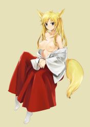 Rule 34 | 1girl, animal ears, blonde hair, blue eyes, breasts, fox ears, fox tail, hakama, hakama skirt, ie, ie (mochi), inari, japanese clothes, large breasts, long hair, miko, nipples, open clothes, open shirt, original, red hakama, shirt, simple background, sitting, skirt, solo, tabi, tail, topless, twintails