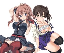 Rule 34 | 10s, 2girls, arm behind head, arm support, bad id, bad twitter id, black dress, black legwear, blue skirt, blush, bra, breast pocket, breasts, breasts out, brown hair, bursting breasts, commentary request, dress, garter straps, hair between eyes, hakama, hakama short skirt, hakama skirt, hand on own chest, impossible clothes, japanese clothes, jitome, kaga (kancolle), kantai collection, large breasts, long hair, looking at viewer, multiple girls, nijimotohiro k, open clothes, pocket, red legwear, remodel (kantai collection), saratoga (kancolle), short hair, side ponytail, skindentation, skirt, skirt set, thighhighs, thighs, underboob, underwear, white bra