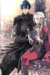Rule 34 | 1boy, 1girl, armor, black armor, blonde hair, blue eyes, blue hair, book, byleth (fire emblem), byleth (male) (fire emblem), cape, dress, edelgard von hresvelg, fire emblem, fire emblem: three houses, gloves, hana (interstice), hetero, holding, holding book, long hair, long sleeves, military, military uniform, nintendo, open book, open mouth, pantyhose, parted lips, purple eyes, red pantyhose, short hair, sitting, uniform, white gloves