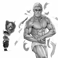 Rule 34 | 1boy, 1girl, abs, beard, closed eyes, closed mouth, collarbone, commentary, english commentary, facial hair, facing viewer, final fantasy, final fantasy xiv, flexing, godbert manderville, greyscale, holding, hyur, jamjamstyle, lalafell, male underwear, mask, mature male, monochrome, muscular, muscular male, nipples, oni mask, pants, pectorals, pointy ears, shaded face, short hair, side chest pose, smile, standing, stomach, sunglasses, sweatdrop, tataru taru, topless male, underwear, underwear only, veins, veiny arms