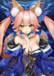 Rule 34 | animal ears, bad id, bad pixiv id, bow, breasts, cleavage, collarbone, commentary request, detached sleeves, fate/grand order, fate (series), fox ears, fox tail, hair bow, hair ribbon, highres, japanese clothes, large breasts, looking at viewer, multiple tails, pink hair, ribbon, solo, tail, tamamo (fate), tamamo no mae (fate/extra), tranquil-lizer, yellow eyes