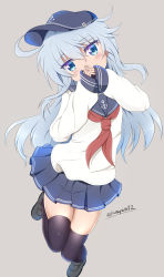 Rule 34 | 1girl, anchor symbol, artist name, blue eyes, blue skirt, blush, commentary request, hair between eyes, hat, hibiki (kancolle), highres, kantai collection, leg up, long hair, looking at viewer, neckerchief, own hands together, peaked cap, red neckerchief, sailor collar, school uniform, serafuku, shirt, shoes, silver hair, simple background, skirt, solo, tamayan, thighhighs, white shirt, zettai ryouiki