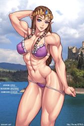 Rule 34 | 1girl, abs, bikini, blue eyes, breasts, brown hair, covered erect nipples, highres, model pose, muscular, muscular female, nintendo, outdoors, pointy ears, princess zelda, solo, speh, standing, swimsuit, tagme, the legend of zelda, tiara, undressing
