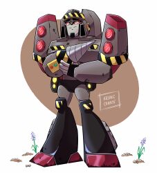 Rule 34 | absurdres, artist name, colored sclera, commentary, decepticon, deformed, drill, english commentary, flower, full body, hand on own arm, highres, kusa (kusakichan15), looking at viewer, mecha, megatron, purple flower, red eyes, red sclera, robot, smile, solo, standing, transformers, transformers animated