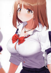 Rule 34 | 2girls, absurdres, bag, black skirt, blush, bow, bowtie, bra, bra peek, breasts, brown eyes, brown hair, button gap, buttons, closed mouth, collarbone, collared shirt, dress shirt, eyelashes, highres, jewelry, kaisen chuui, large breasts, long hair, long sleeves, looking at viewer, miniskirt, multiple girls, necklace, non-web source, original, pleated skirt, red bow, red neckwear, ring, ring necklace, school bag, school uniform, shirt, short hair, shoulder bag, simple background, skirt, skirt rolled up, sleeves rolled up, standing, underwear, white background, white bra, white shirt, wing collar