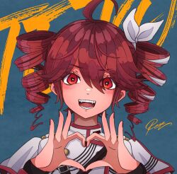 Rule 34 | 1girl, ahoge, blue background, bow, drill hair, fangs, hair bow, hawkbrdg, heart, heart hands, highres, jacket, kasane teto, kasane teto (sv), looking at viewer, multicolored hair, open mouth, pink eyes, pink hair, red nails, simple background, smile, solo, streaked hair, synthesizer v, twin drills, utau, white bow, white jacket