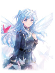 Rule 34 | 1girl, belt, blue eyes, blue hair, bug, butterfly, butterfly wings, chtholly nota seniorious, closed mouth, commentary, hand on own chest, insect, insect wings, looking at viewer, military, military uniform, official art, shuumatsu nani shitemasu ka?, smile, solo, two side up, ue, uniform, wings