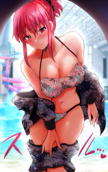 Rule 34 | 1girl, absurdres, bare shoulders, bikini, blush, breasts, heart, heart-shaped pupils, highres, jewelry, large breasts, navel, original, ponytail, pool, red eyes, red hair, ring, scrunchie, sidelocks, smile, solo, swimsuit, symbol-shaped pupils, undressing, unmoving pattern, water slide, wedding band, yano toshinori