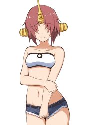 Rule 34 | 1girl, ^ ^, absurdres, bandeau, bare arms, bare shoulders, belt, black belt, blue shorts, blush, closed eyes, closed mouth, collarbone, commentary request, cosplay, cowboy shot, cutoffs, denim, denim shorts, facing viewer, fate/apocrypha, fate (series), frankenstein&#039;s monster (fate), hair over eyes, head tilt, highres, horns, micro shorts, mitiru ccc2, mordred (fate), mordred (fate) (cosplay), mordred (fate/apocrypha), mordred (memories at trifas) (fate), navel, short shorts, shorts, simple background, single horn, sketch, smile, solo, white background, white bandeau