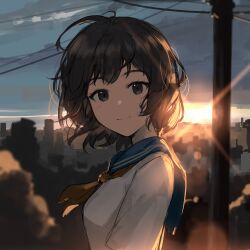 Rule 34 | 1girl, absurdres, arttsam, black eyes, black hair, blue sailor collar, blurry, blurry background, building, city, closed mouth, evening, highres, looking at viewer, neckerchief, original, outdoors, power lines, red neckerchief, sailor collar, school uniform, short hair, smile, solo, sun, sunset, utility pole