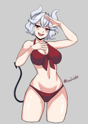 Rule 34 | 1girl, beelzebub (helltaker), bikini, blush, breasts, cawfield, cleavage, commentary, cropped legs, demon, demon girl, demon tail, english commentary, freckles, grey background, helltaker, horns, large breasts, looking at viewer, red eyes, signature, simple background, smile, swimsuit, symbol-shaped pupils, tail, white hair, white horns