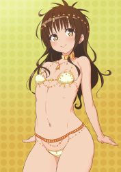 Rule 34 | 1girl, bikini, breasts, brown eyes, brown hair, child, choker, fuchitoro, gradient background, harem outfit, headdress, jewelry, long hair, navel, necklace, small breasts, smile, solo, standing, swimsuit, to love-ru, yuuki mikan