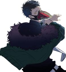 Rule 34 | 1boy, absurdres, belt, black hair, black shirt, boku no hero academia, chacoma, collared shirt, feather-trimmed jacket, feathers, from behind, gloves, green jacket, highres, jacket, looking at viewer, looking back, male focus, mask, mouth mask, necktie, overhaul (boku no hero academia), plague doctor mask, purple feathers, shirt, short hair, single glove, solo, very short hair, white belt, white gloves, white necktie, yellow eyes