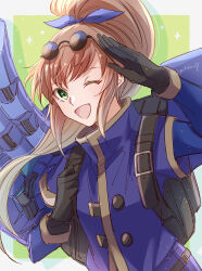 Rule 34 | 1girl, :d, brown hair, eyewear on head, gloves, green eyes, highres, long hair, looking at viewer, mechanical arms, one eye closed, open mouth, ponytail, precis neumann, single mechanical arm, smile, solo, star ocean, star ocean the second story, yutohiroya