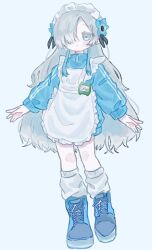 Rule 34 | 1girl, apron, blue eyes, blue flower, blue hair, expressionless, faoru ofuton, flower, full body, grey hair, hair flower, hair ornament, hair over one eye, highres, isekai joucho, jersey maid, kamitsubaki studio, long hair, looking at viewer, loose socks, maid, maid headdress, multicolored hair, shoes, sneakers, socks, solo, two-tone hair, unconventional maid, very long hair, virtual youtuber